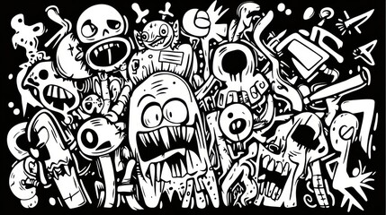 Obraz premium Cartoon graffiti doodle art featuring chaotic scary characters and vibrant urban elements in a black and white vector design