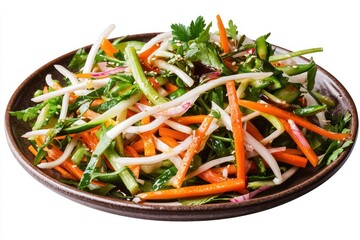 Colorful fresh vegetable salad, ceramic plate, vibrant carrots and greens, crisp sliced vegetables, healthy food photography, rustic wooden table, bright natural lighting, close-up detail, appetizing 