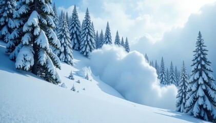 Trees bent and broken as a massive avalanche comes crashing through the snowy forest, snow-covered, trees