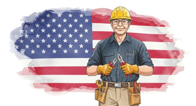 Watercolor Electrician with USA Flag Independence Day on White Background - A skilled electrician stands proudly with tools in hand, set against a vibrant USA flag background