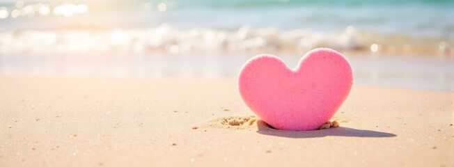 Fototapeta premium Pink heart-shaped foam on sandy beach with ocean waves in the background