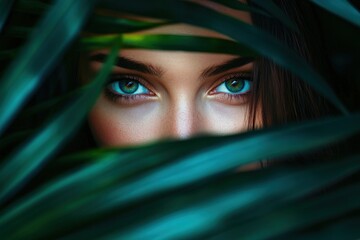 Beautiful woman hiding and peeking through tropical palm leaves