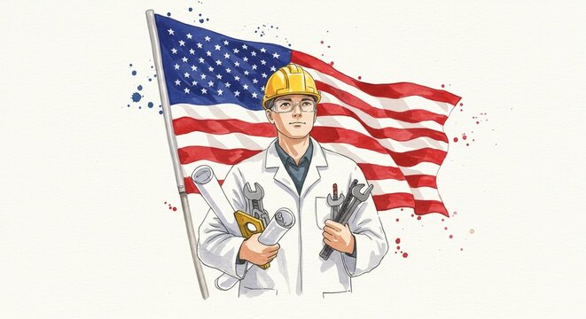 Watercolor Mechanical Engineer with USA Flag Independence Day on White Background - A mechanical engineer proudly holding tools and blueprints beside the USA flag, symbolizing patriotism, hard work