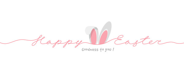 Happy Easter greeting card or banner with calligraphy text handwritten by continuous line, bunny ears. Easter egg hunt concept. Elegance design in minimal style, white background. Vector illustration