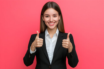 Businesswoman showing a double thumbs up gesture, smiling on solid color background