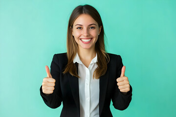 Businesswoman showing a double thumbs up gesture, smiling on solid color background