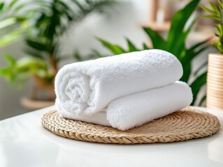 Soft white towels neatly arranged on a natural woven mat with green plants around