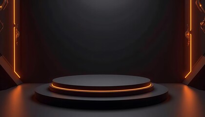high-tech stage with neon accents for luxury advertising. a visually striking 3d podium with a sleek, circular platform in deep matte black, accented by glowing orange neon lines. the dark geometric