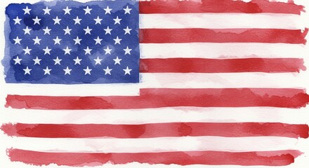 Fototapeta premium Watercolor Watercolor USA Flag Independence Day Background - A beautiful watercolor depiction of the USA flag symbolizing freedom, patriotism, unity, history, and celebration on a white background