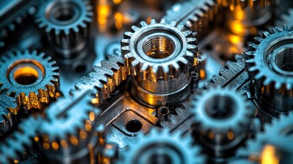 Close-up of intricate gears, mechanical system, detailed engineering