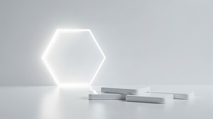 A minimalist setting features a glowing white hexagonal light against a plain wall