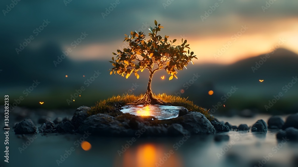 Poster captivating image of a futuristic tree with a glowing metallic bark and self repairing abilities sho
