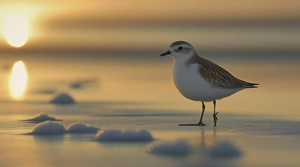 Obraz premium A lone bird stands on pristine winter snow, its delicate footprints trailing behind. A symbol of resilience and survival, it braves the frosty season in search of food amid the serene, icy landscape