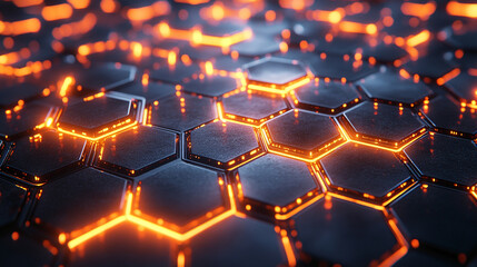 A futuristic background featuring glowing neon hexagons set against a black honeycomb carbon texture, symbolizing innovation, technology, and the digital age