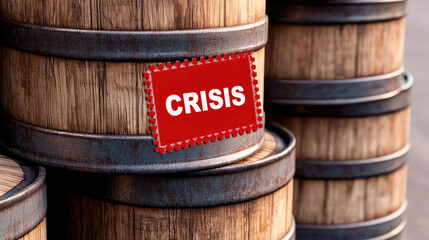 Fototapeta premium Wooden barrels stacked, emphasizing the word crisis on a red label, symbolizing economic or environmental challenges.