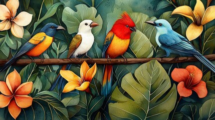 Obraz premium Tropical birds perched on branch, lush foliage background