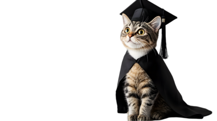 Whiskered graduate: tabby cat in cap and gown celebrating feline achievement