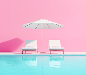 Inflatable pool with two lounge chairs and an umbrella. Bright summer setting on a pastel pink background. Mockup for advertising and vacation concepts.