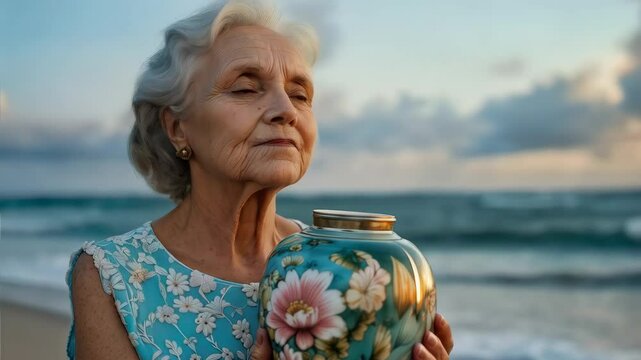 Elderly European Woman Holding Funeral Urn by the Sea at Sunrise