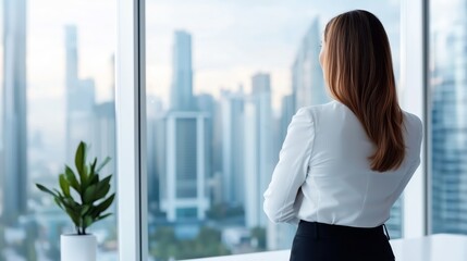 Businesswoman Gazing at Cityscape Through Modern Office Window