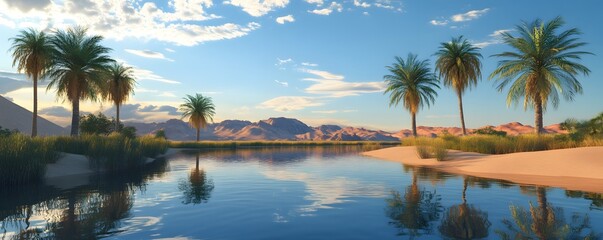 A peaceful desert oasis with a reflective water pool and tall palm trees