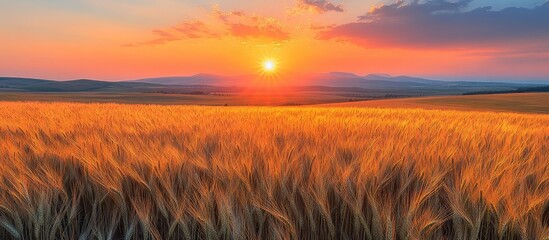 Golden sunset over a field of tall grass, warm colors, vibrant landscape, natural light, summer, countryside, agriculture, horizon, dramatic sky, warm toned field, serene scenery, golden grass