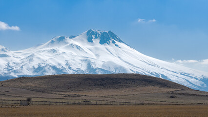 Scenic view of snowcapped summit of Mount Hasan (3253 m) early in spring. in Central Anatolia, Turkey