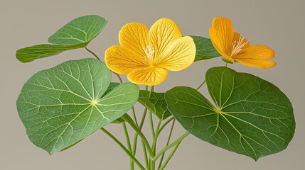 Fototapeta premium Close-up studio shot of vibrant yellow flowers and leaves against a neutral background