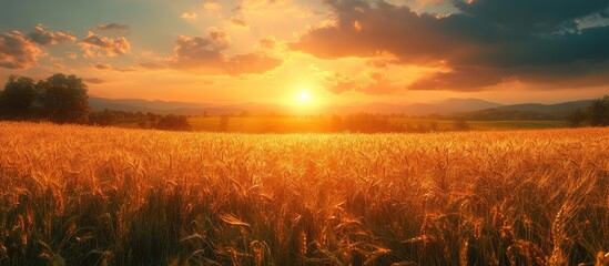 Fototapeta premium Golden sunset over a field of tall grasses, warm colors, dramatic clouds, tranquil scene