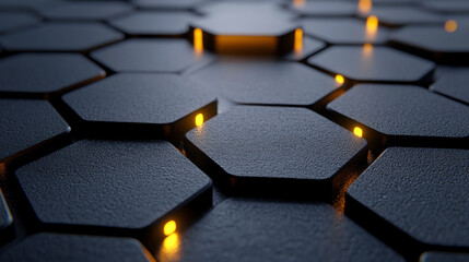 Obraz premium A futuristic background featuring glowing neon hexagons set against a black honeycomb carbon texture, symbolizing innovation, technology, and the digital age