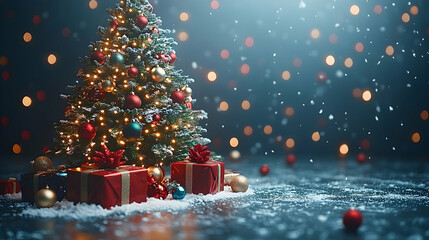Christmas tree with gifts in snowy scene