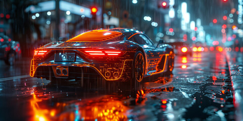Nighttime Urban Scene Featuring a Futuristic Car Illuminated by City Lights and Rain Creating a Vibrant Atmosphere