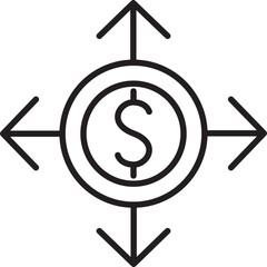 Money management symbol with directional arrows line icon