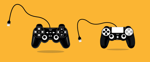 Vector set of play station gaming joy stick remote controller bundle with USB cable illustrations © Himel_Mia68