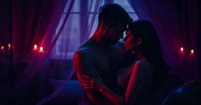 Sexy young couple cuddling in a boudoir. Seductive woman and muscular man making love in a dark bedroom lit with candles