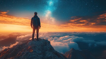 Fototapeta premium man standing on the edge of a mountain in the night sky with clouds