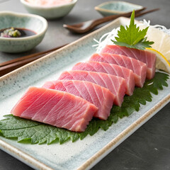 A line of raw tuna with a green leaf underneath.