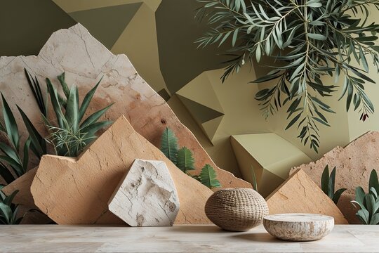 Olive Landscape Abstract Natural Design with Earthy Geometric Patterns