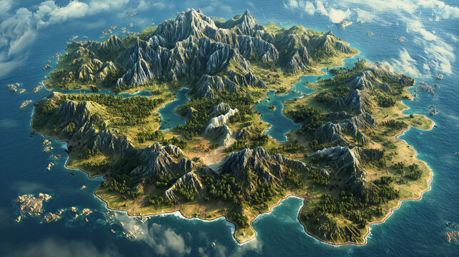 Aerial view of a lush, mountainous island archipelago.