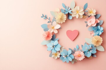 Obraz premium Paper flower wreath on pastel background; delicate design for a feminine aesthetic; possible use in cards, invitations, or stationery