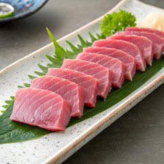 Fototapeta premium A line of raw tuna with a green leaf underneath.