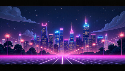 Vibrant neon cityscape at night with glowing skyline, urban energy