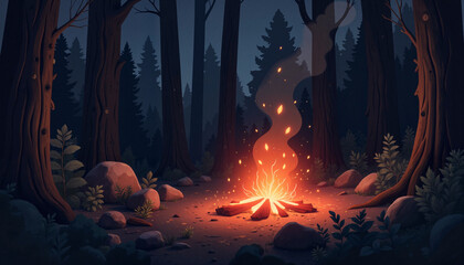 Glowing campfire illuminating night forest, warmth and reflection