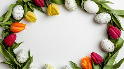 Colorful Easter Eggs and Tulips Frame on White Background