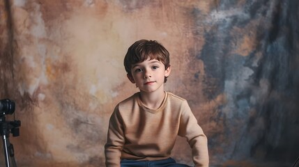 Obraz premium Pensive young boy with thoughtful contemplative expression captured in moody atmospheric studio lighting with subtle fog or smoke effect creating a mood