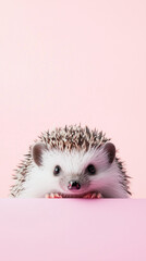 Cute hedgehog with bright eyes against a soft pink background in a playful pose