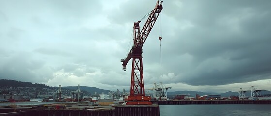 Towering red crane standing tall over a bustling urban construction site with various heavy and equipment working to build a new commercial development under a cloudy moody sky