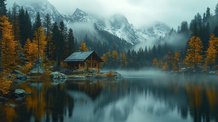 Obraz premium mountain lake in a foggy forest with snow capped peaks