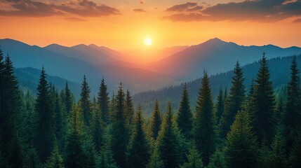 Obraz premium mountain landscape with coniferous trees in the foreground at sunset