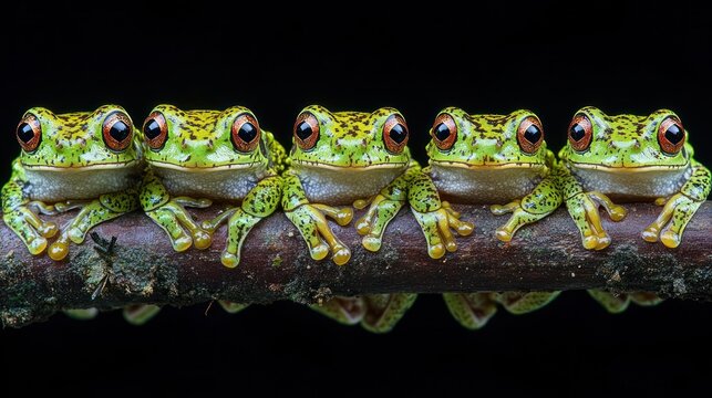 Five adorable green tree frogs perched on a branch against a black background.